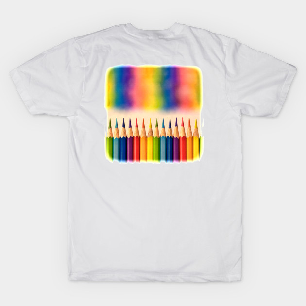 Retro style image of colorful coloring pencils with an out of focus vibrant rainbow  mural graphic above the row. by Earthworx